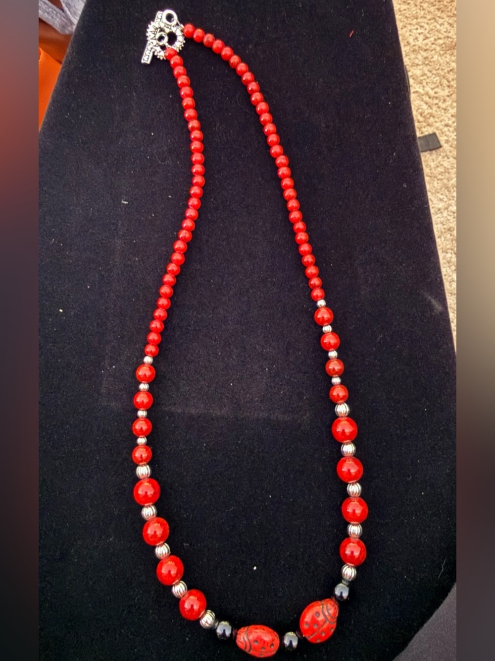 Red Bead Necklace with Silver Accents - Women Jewelry